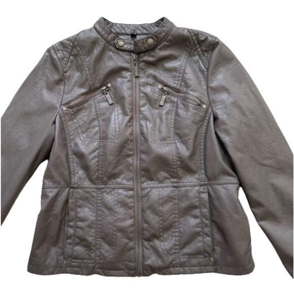 Jou Jou Gray Faux Leather Detachable Hood Fitted Pockets Moto Jacket Coat Medium - Picture 11 of 14